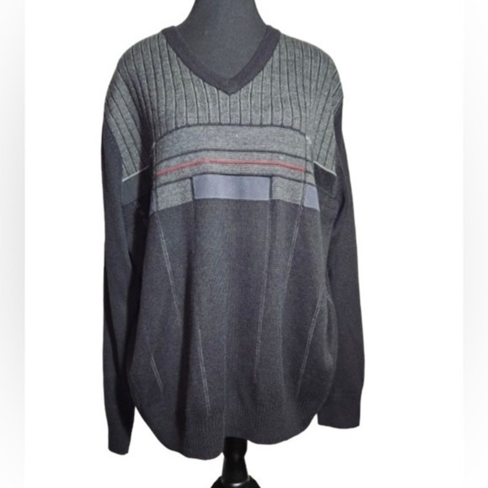 Vintage Arnold Palmer Sweater Men’s Large Grey Black Striped V Neck